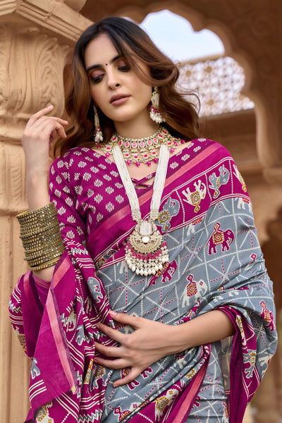 913004 Patola Print Soft Cotton Silk Saree with Small Zari Border -