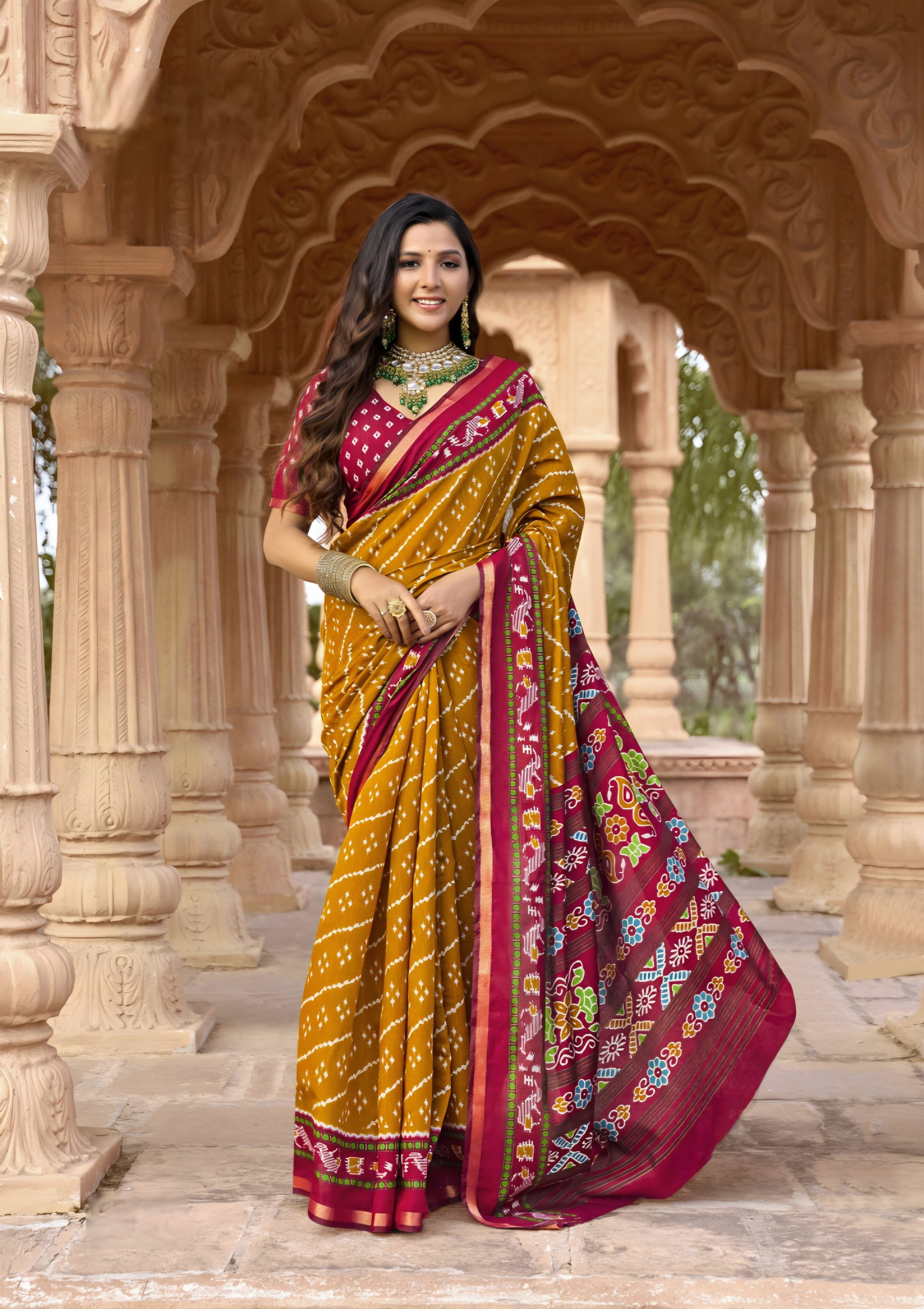 913009 Patola Print Soft Cotton Silk Saree with Small Zari Border -