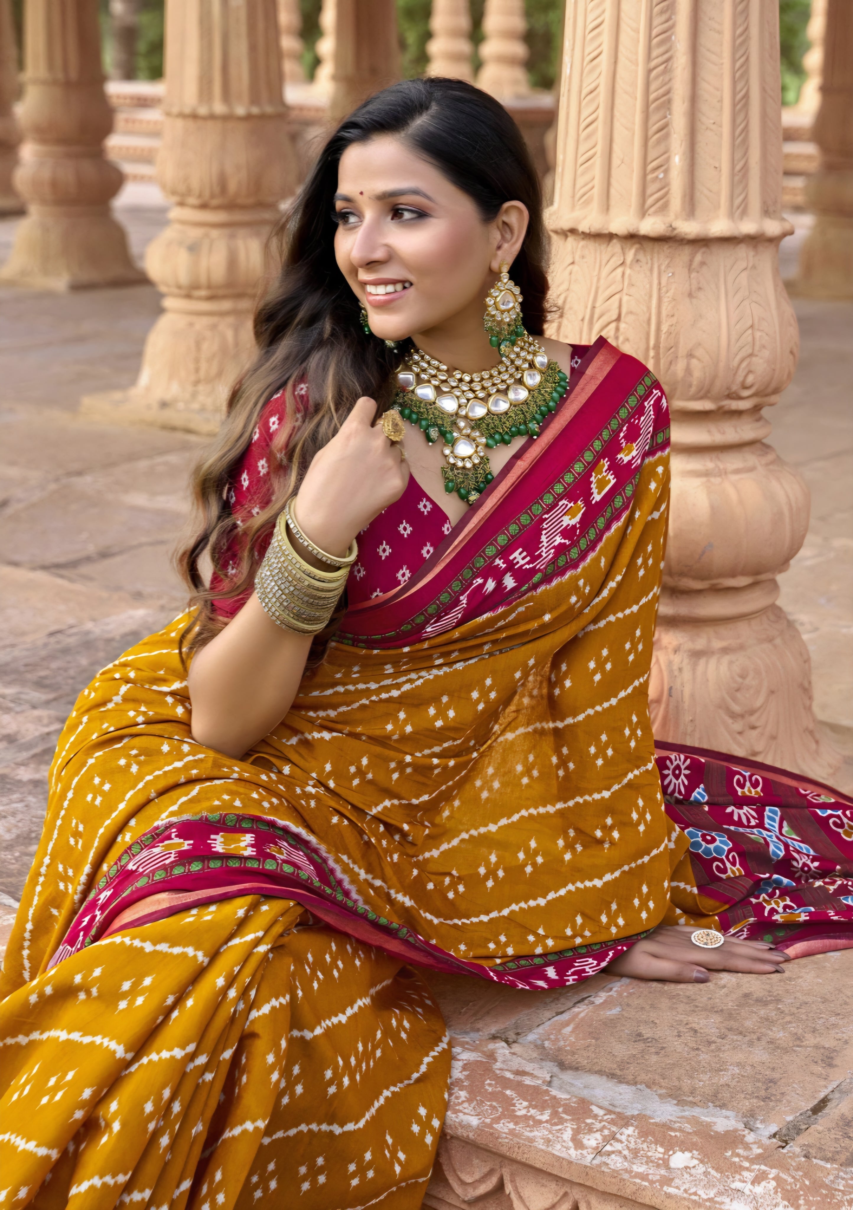 913009 Patola Print Soft Cotton Silk Saree with Small Zari Border -