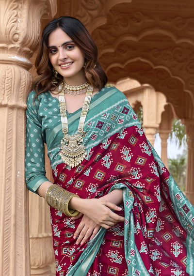 913003 Patola Print Soft Cotton Silk Saree with Small Zari Border -