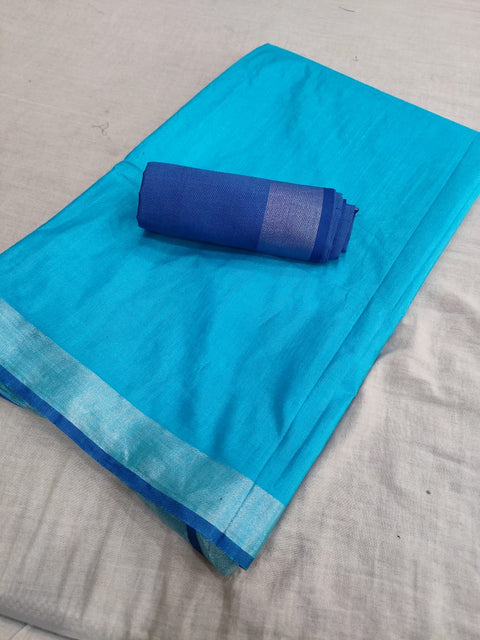 583007 Soft Linen Saree with White Zari and Contrast Blouse - Blue