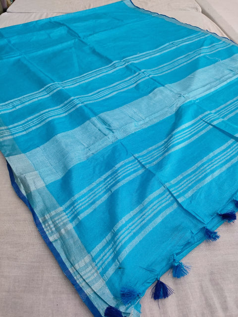 583007 Soft Linen Saree with White Zari and Contrast Blouse - Blue