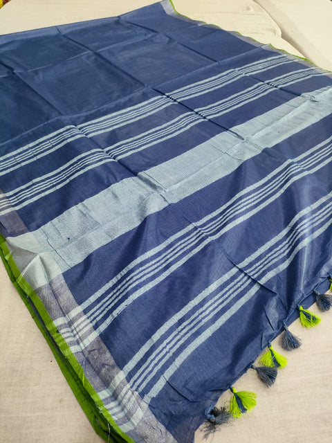 583007 Soft Linen Saree with White Zari and Contrast Blouse - Blue Green