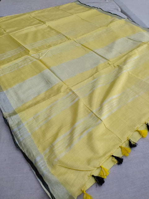 583007 Soft Linen Saree with White Zari and Contrast Blouse - Yellow Black