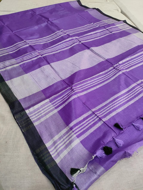583007 Soft Linen Saree with White Zari and Contrast Blouse - Purple Black