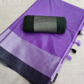 583007 Soft Linen Saree with White Zari and Contrast Blouse - Purple Black