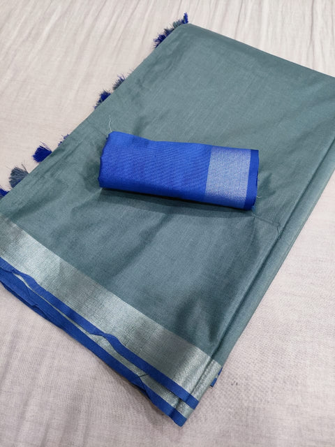 583007 Soft Linen Saree with White Zari and Contrast Blouse - Gray Blue
