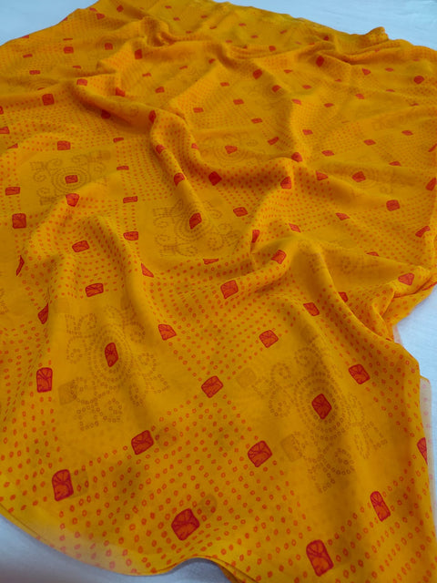 472003 Weightless Georgette Bandhani Print Saree - Yellow