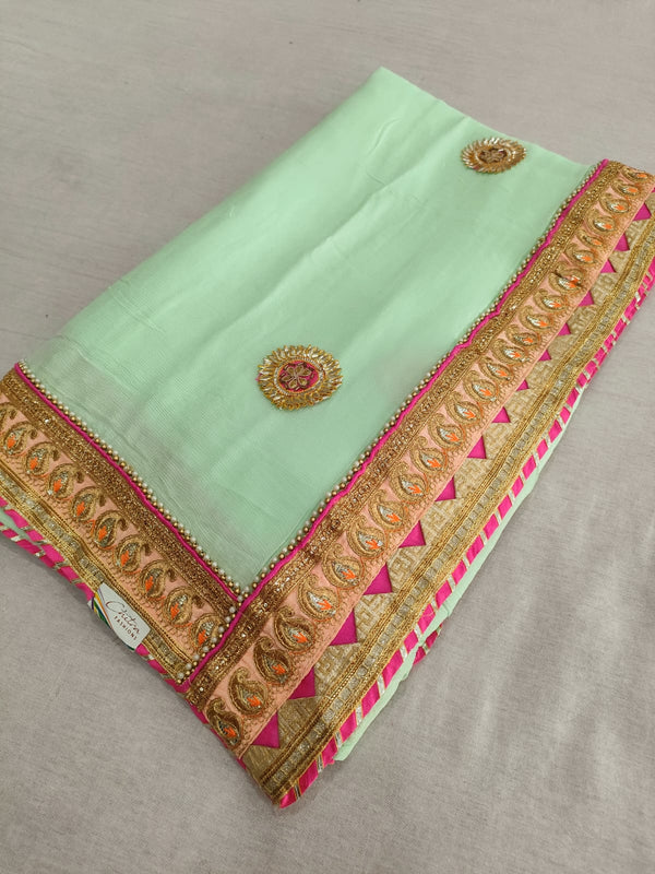 505011 Partywear Chinon Silk Saree - Aqwa Green