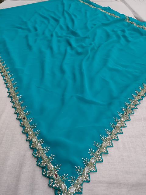 525001 Fancy Party Wear Saree with Heavy Handwork On Border and Designer Heavy Blouse - Firozi