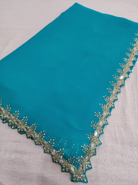 525001 Fancy Party Wear Saree with Heavy Handwork On Border and Designer Heavy Blouse - Firozi