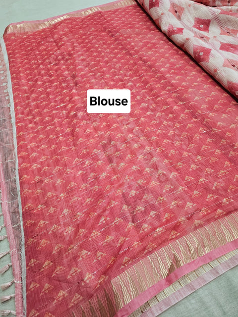 554002 Soft Linen Saree with Flower Print and Sequence Work