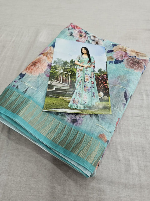 554001 Soft Linen Saree with Flower Print and Sequence Work