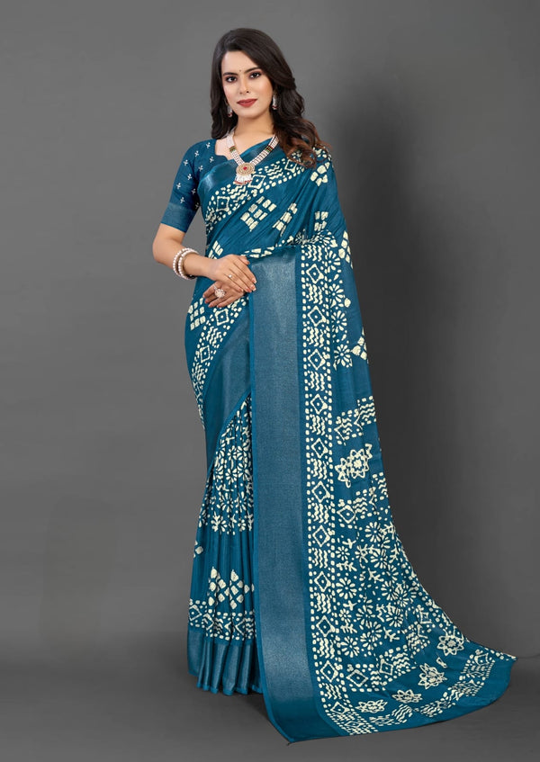 563002 Block Printed Semi Dola Silk Saree - Blue