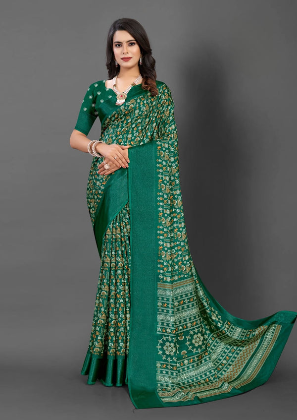 563001 Block Printed Semi Dola Silk Saree - Green