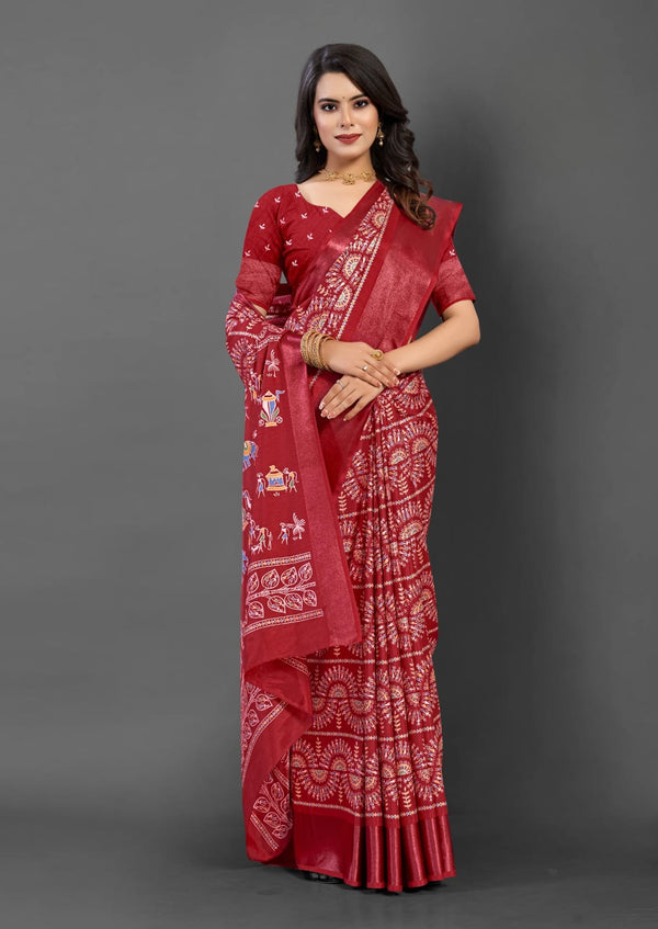 563004 Block Printed Semi Dola Silk Saree - Maroon