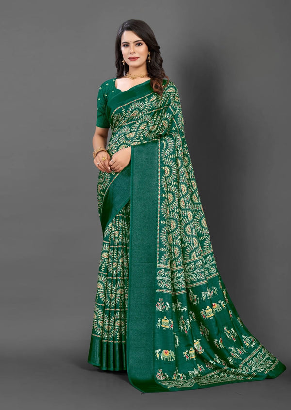 563004 Block Printed Semi Dola Silk Saree - Green