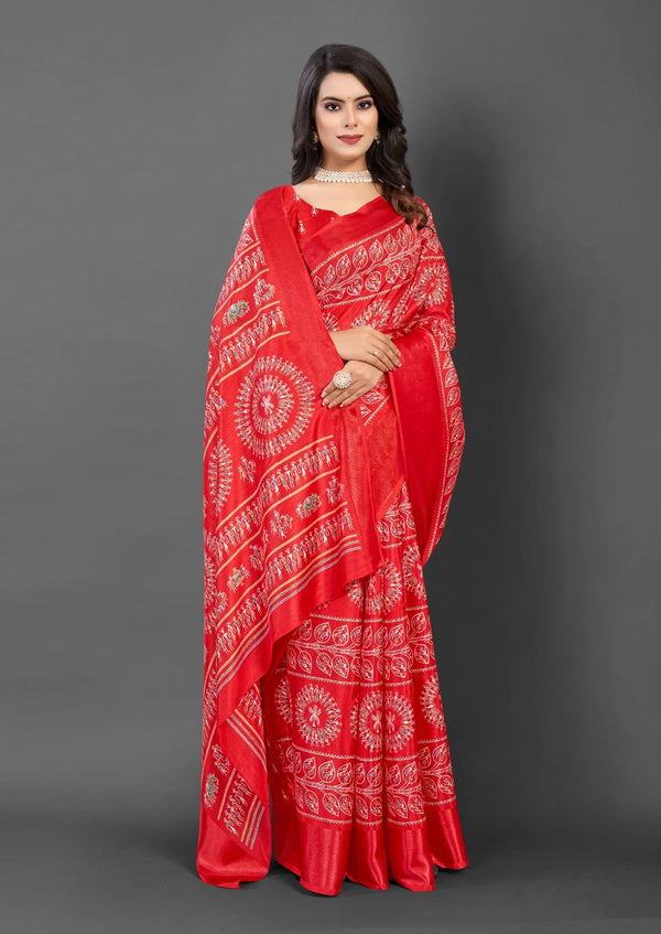 563005 Block Printed Semi Dola Silk Saree - Red