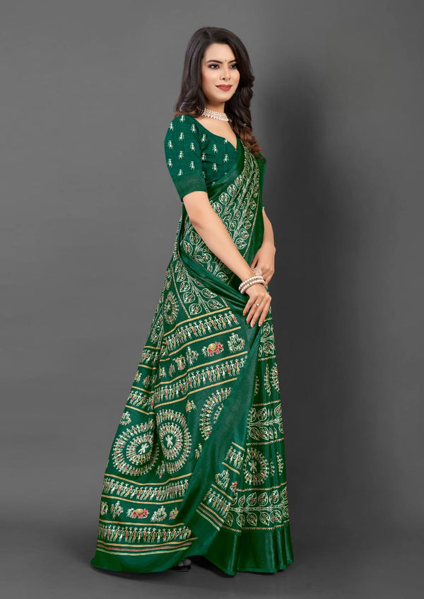 563005 Block Printed Semi Dola Silk Saree - Green