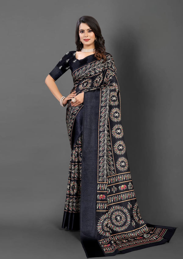 563005 Block Printed Semi Dola Silk Saree - Black