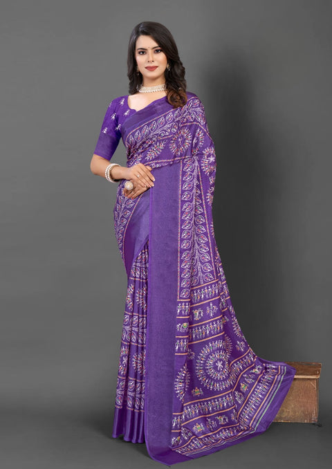 563005 Block Printed Semi Dola Silk Saree - Purple