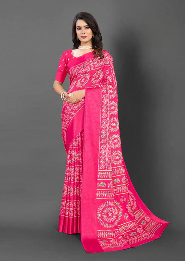 563005 Block Printed Semi Dola Silk Saree - Rani