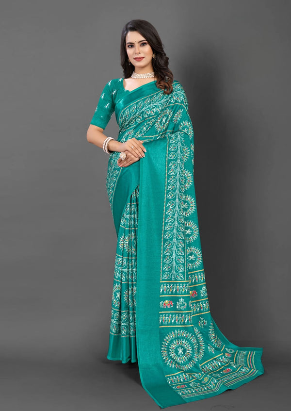 563005 Block Printed Semi Dola Silk Saree - Teal Green