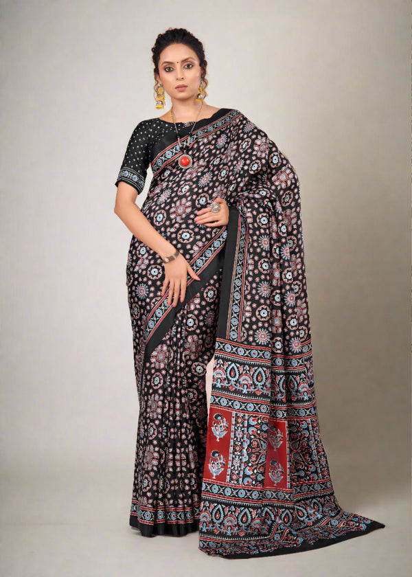 720005 Semi Dola Silk Ajrakh Print Black Saree 573001