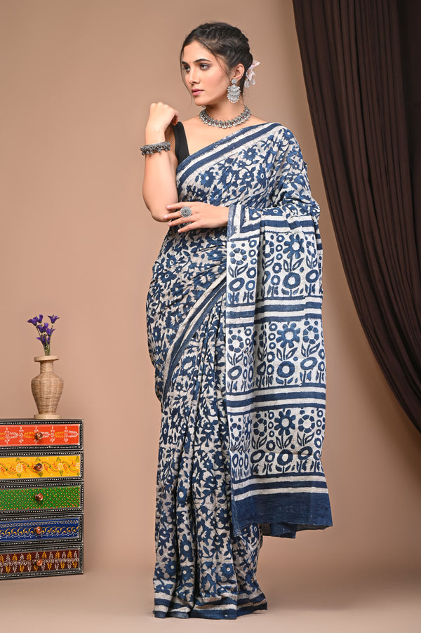 601004 Pure Mul Cotton Handblocked Printed Saree