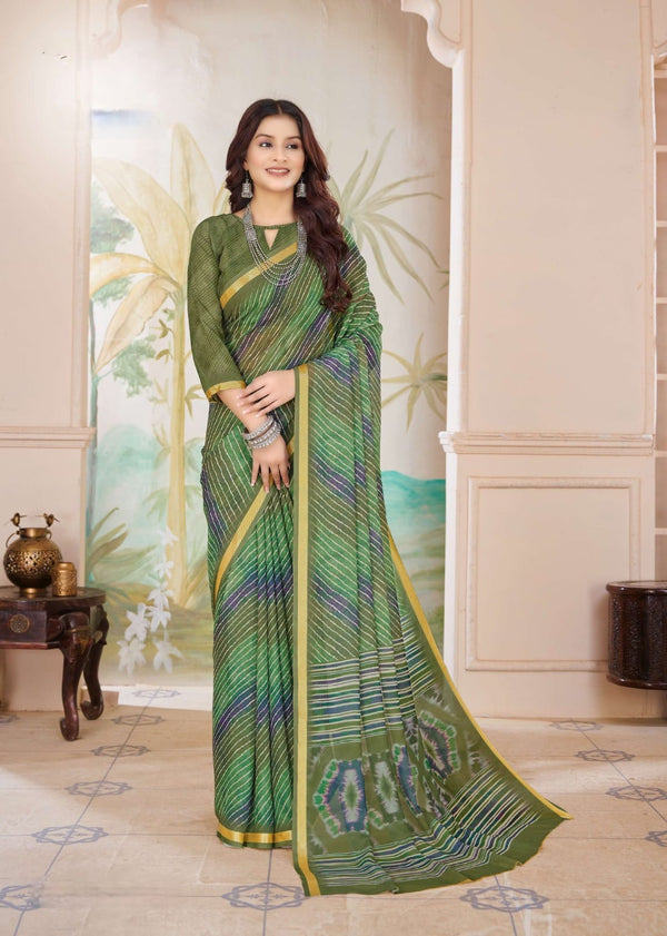 636004 Branded Chiffon Crepe Lehriya Saree with Zari Weaving Border