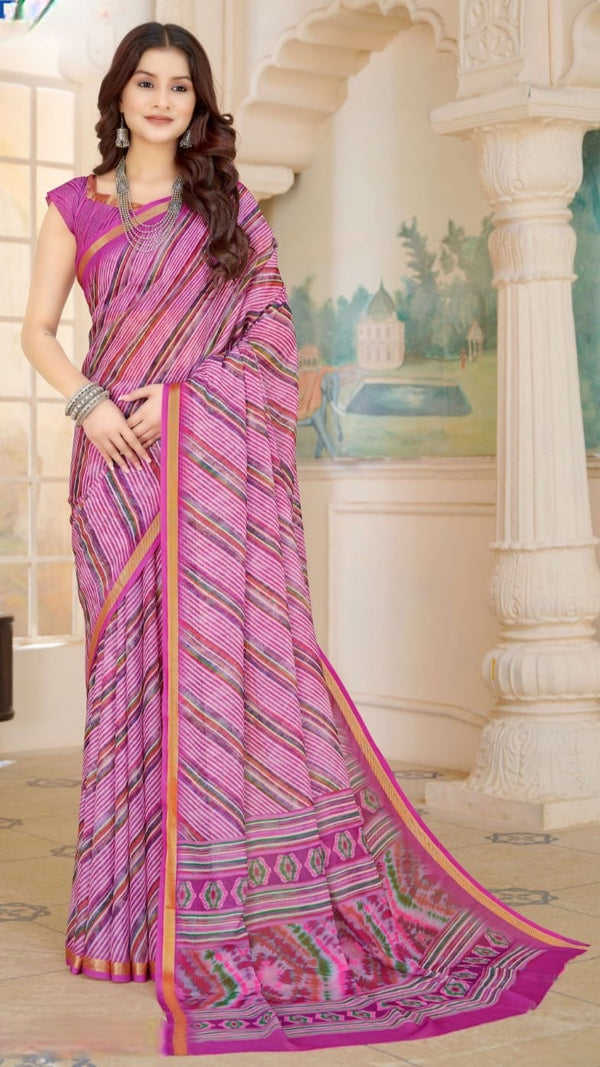 636007 Branded Chiffon Crepe Lehriya Saree with Zari Weaving Border