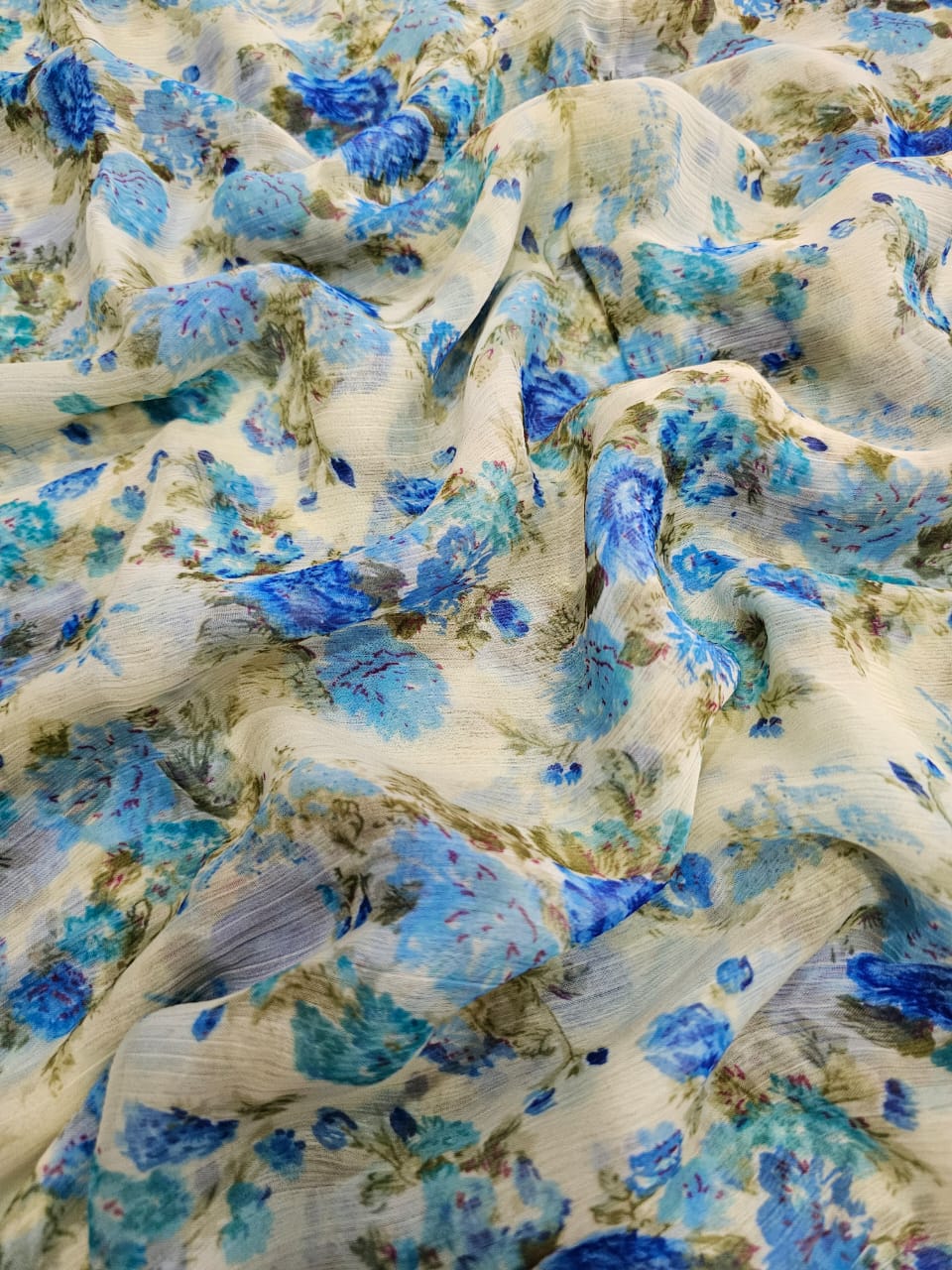 644001 Exclusive Chiffon Flower Print Saree - Blue