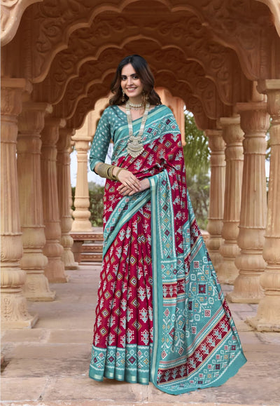 913003 Patola Print Soft Cotton Silk Saree with Small Zari Border -