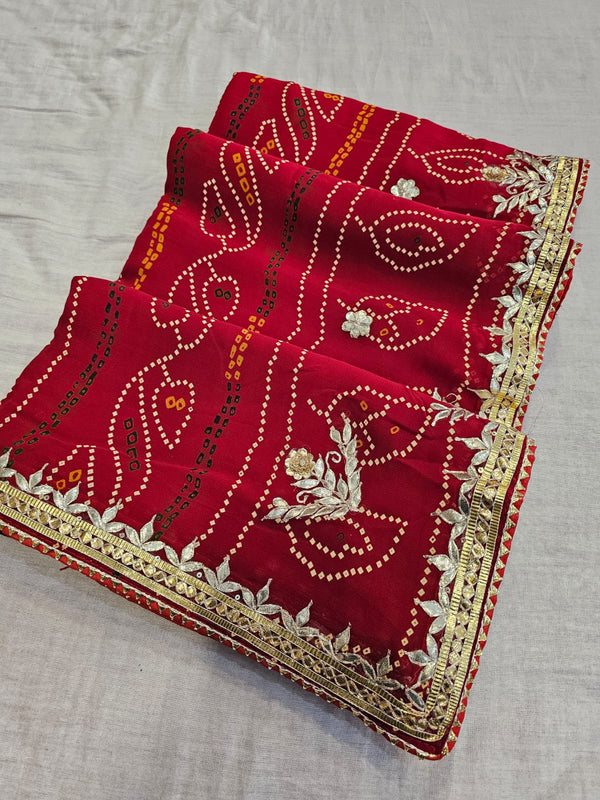 722002 Traditional Bandhani Saree With Rajasthani Gota Patti Work