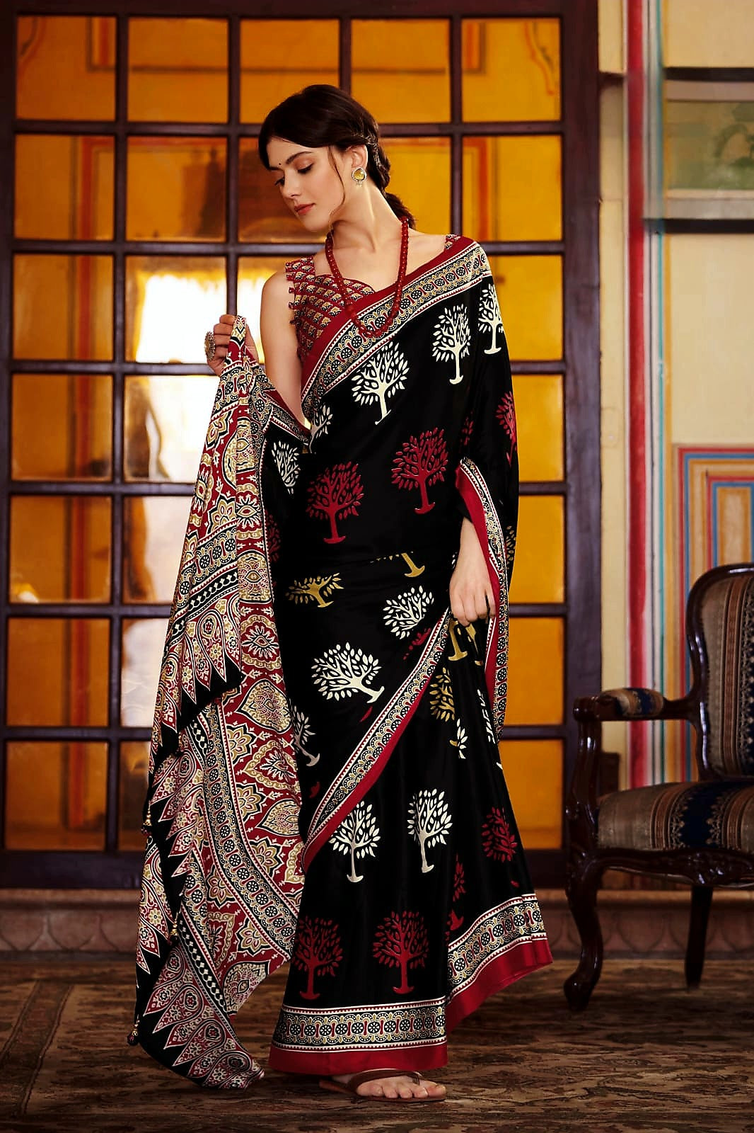 566008 Ajrakh Print Semi Modal Silk Saree - Black