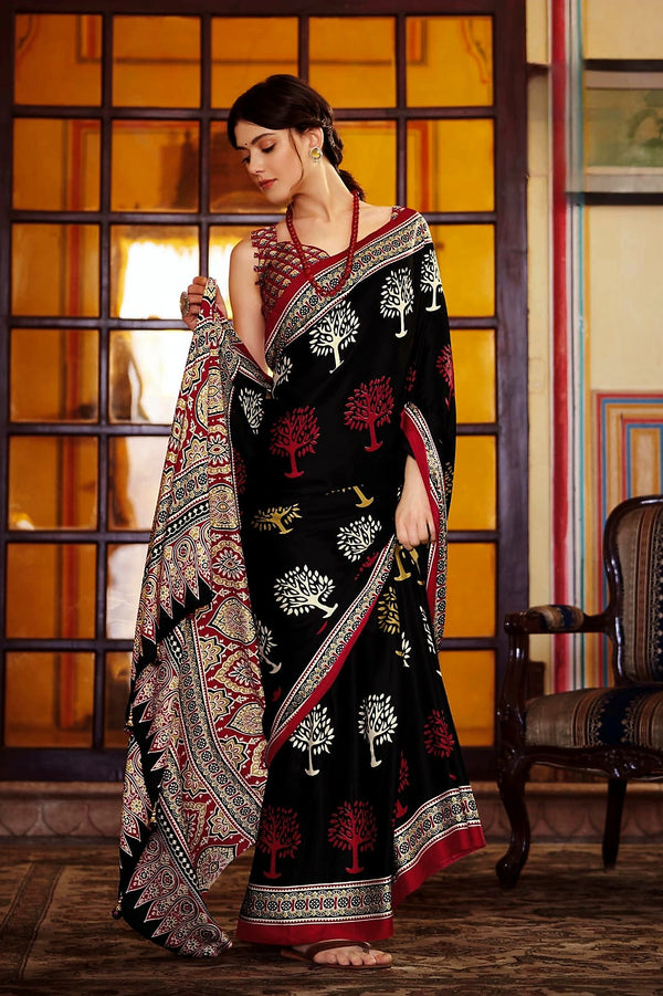 566008 Ajrakh Print Semi Modal Silk Saree - Black