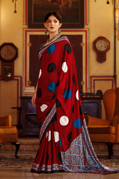 566005 Ajrakh With Polka Dots Print Crepe Silk Saree - Red