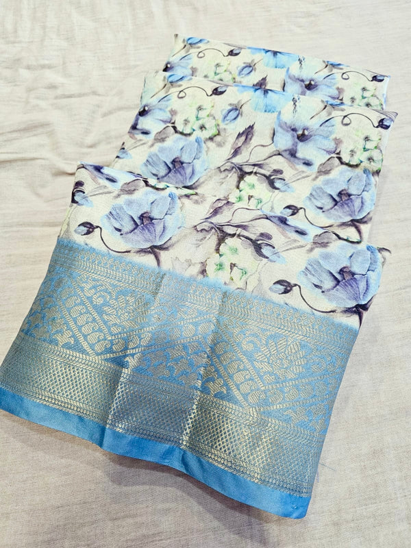 735011 Digital Printed Semi Sik Saree with Heavy Jaccard Border