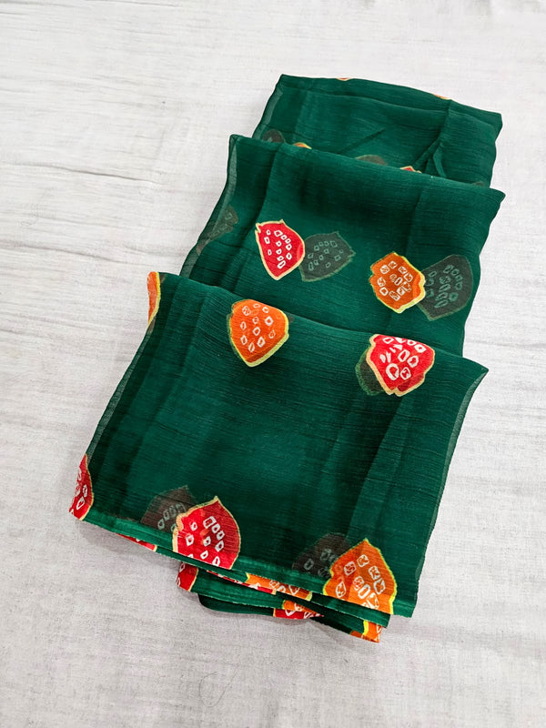 664003 Exclusive Chiffon  bandhej Print Saree - dark green