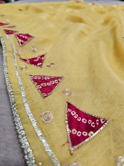 665005 फैंसी डिजाइनर सेमी पार्टी वियर साड़ी बांधनी ब्लाउज के साथ - पीला
