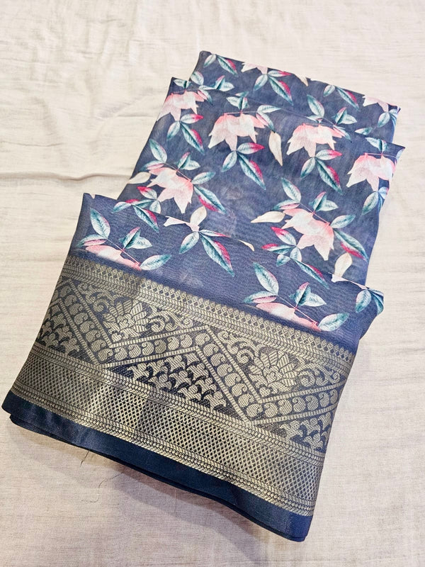 735003 Digital Printed Semi Sik Saree with Heavy Jaccard Border