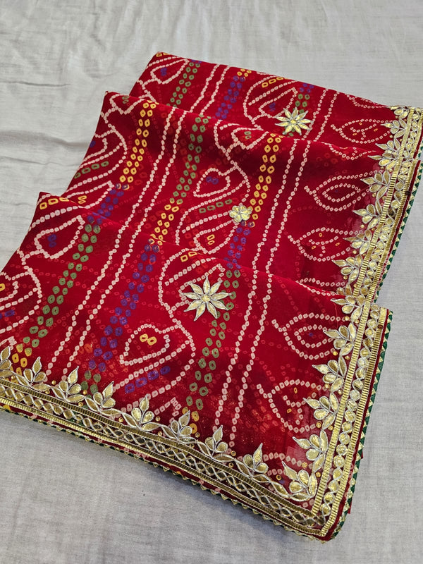 722003 Traditional Bandhani Saree With Rajasthani Gota Patti Work