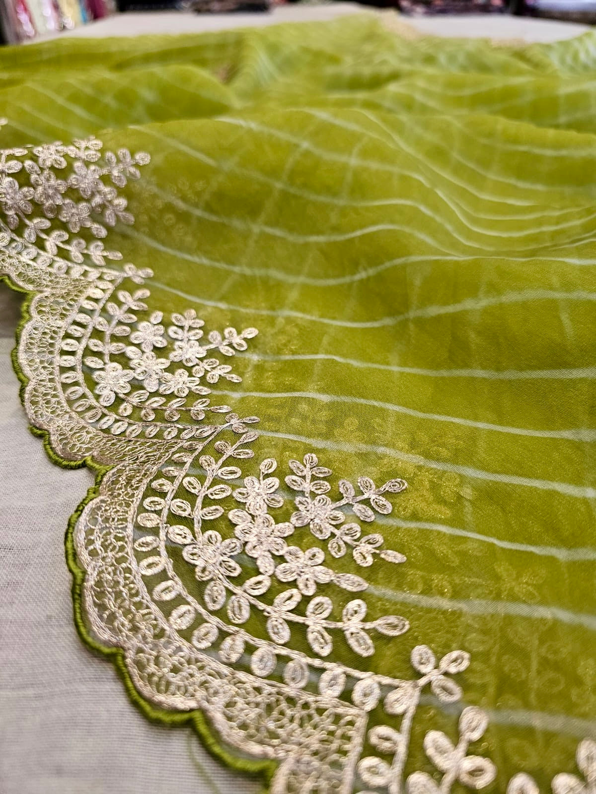 8659 Designer Pure Organza Pitta Work Lehriya Saree With Heavy