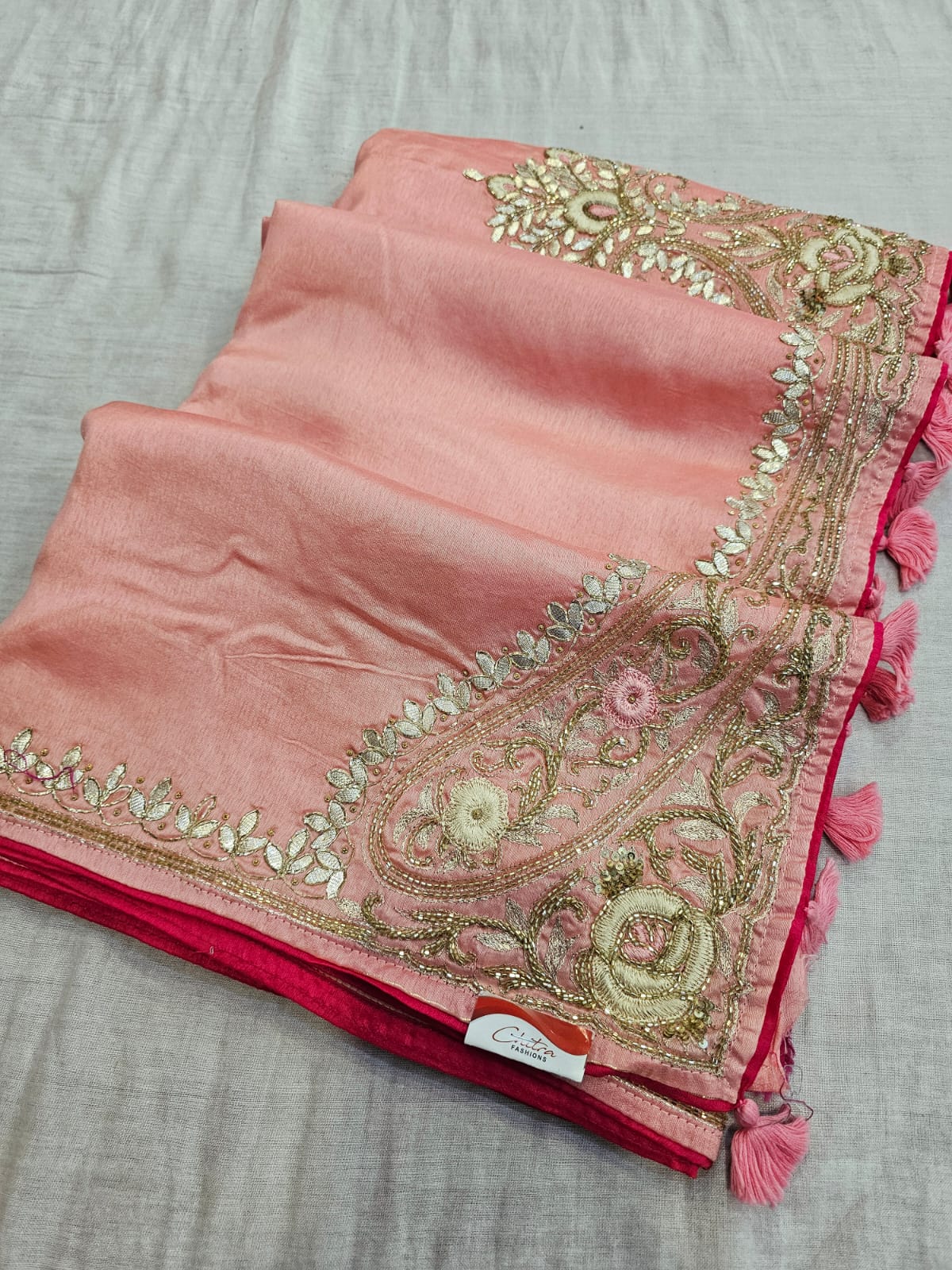 C74002 Elegant Pure Russian Silk Saree Hand Embroidered with Gota Patti and Cutdana