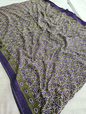 663001 Maslin Cotton Hand Block Ajrakh Printed Border Saree - purple