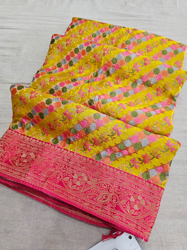 C68004 Pure Gajji Silk Original Kashmiri Work Saree - Golden Mustered