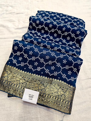 711006 Designer Bandhani Saree with Banarasi Pallu and Border - Blue