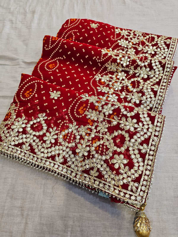 722005 Traditional Rajasthani Bandhani Saree With Gota Patti Work