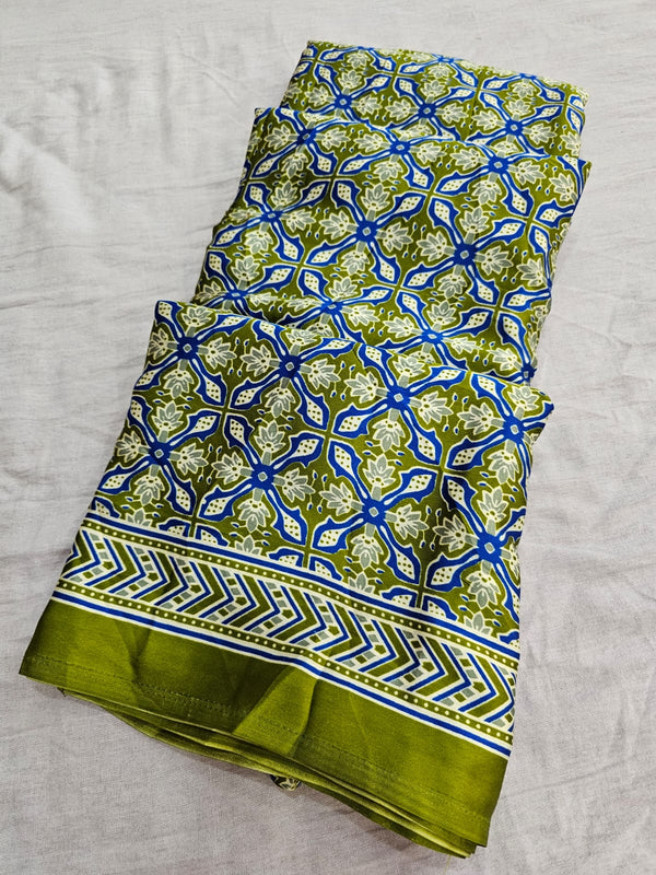 682005 Trending Ajrakh Print Italian Crepe Silk Saree - Green