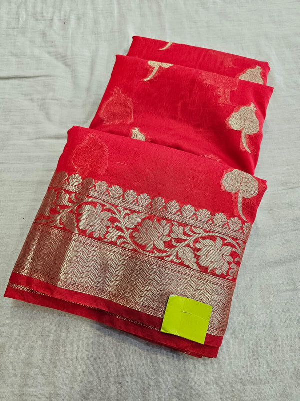 730006 Banarasi Soft Silk Red Saree With Antique Zari